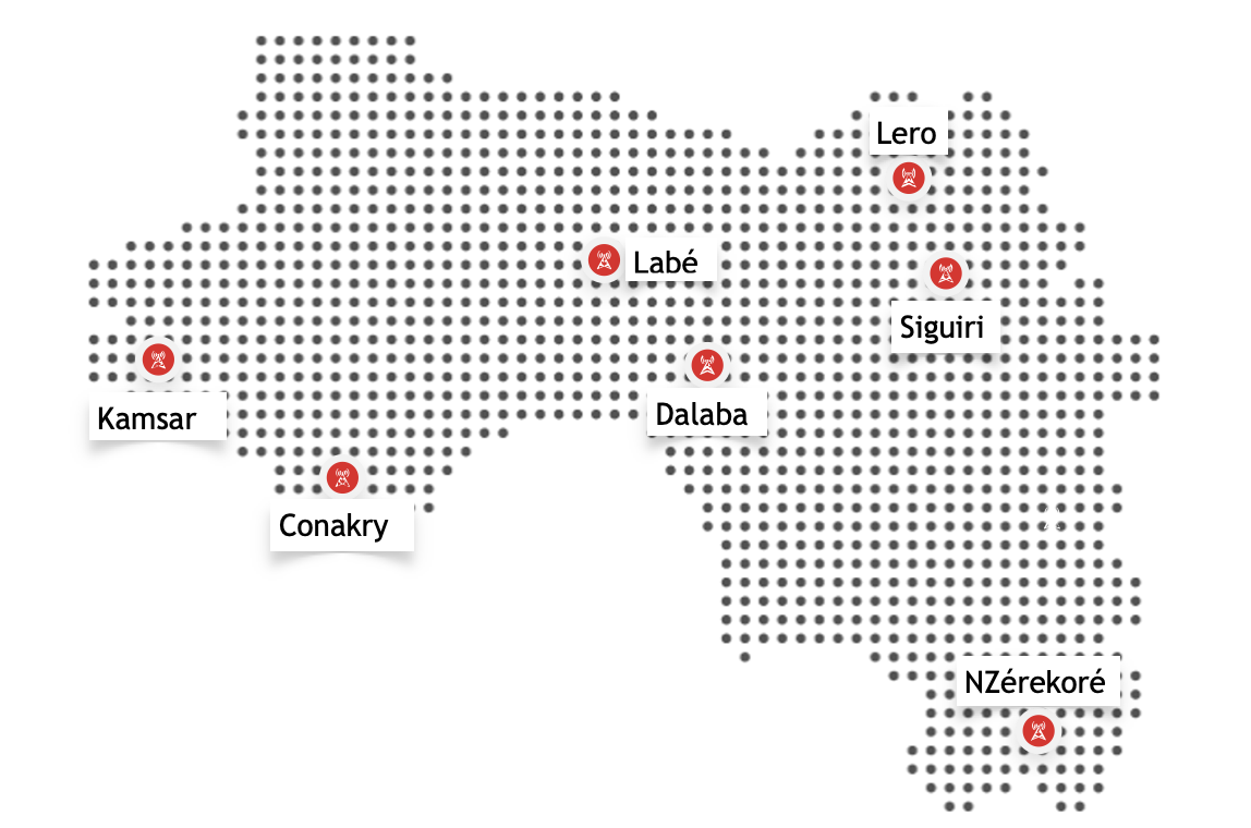 Carte de couverture LeaderNet en Guinée — Conakry, Kamsar, Labé, Dalaba, Siguiri, Lero, NZérékoré